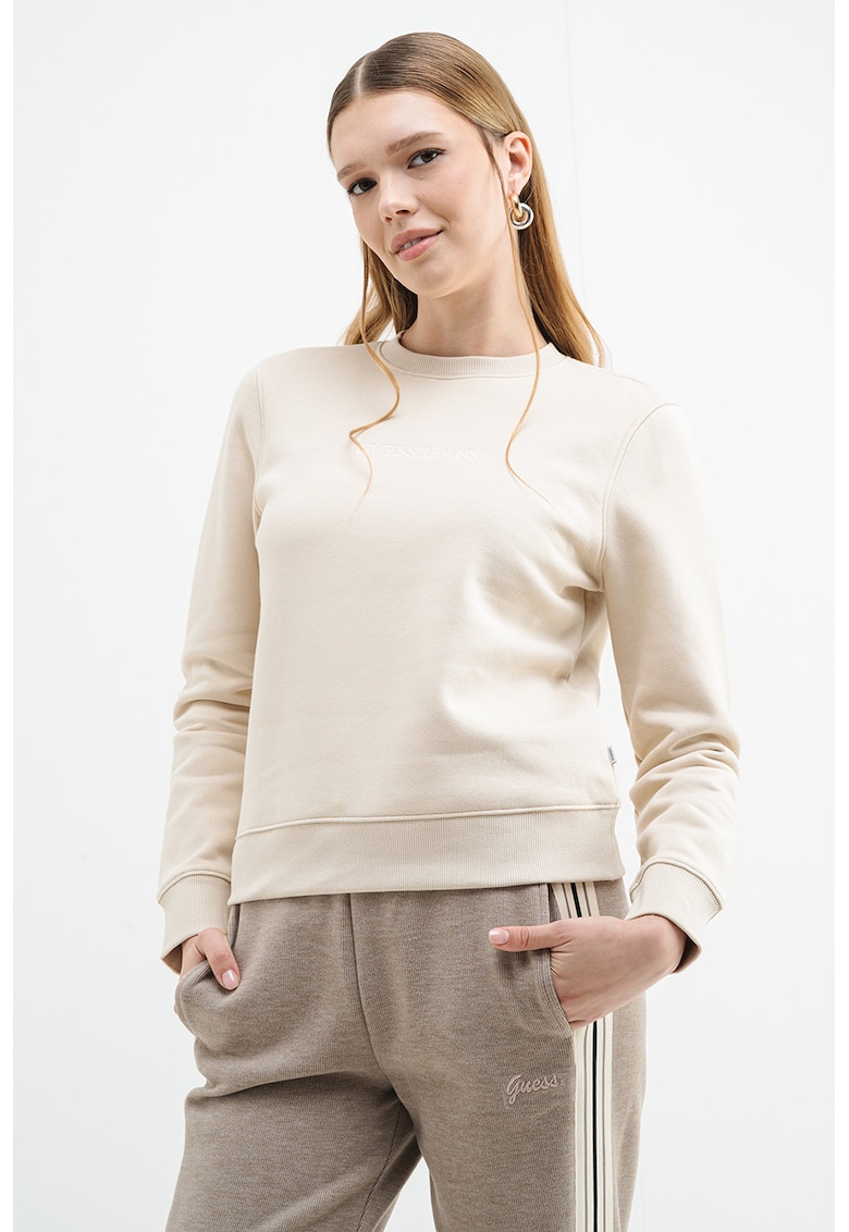 Oferte la Bluza de trening cu decolteu la baza gatului si logo - Crem