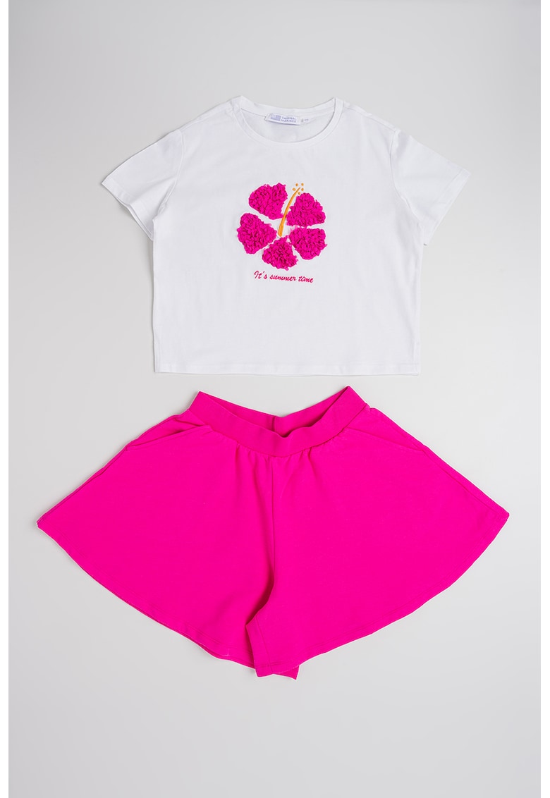Oferte la Set de tricou si pantaloni scurti din amestec de bumbac - Fucsia/Alb optic