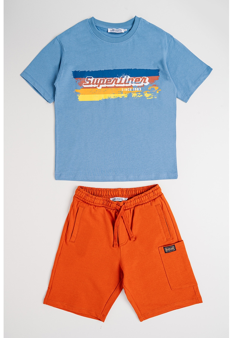 Oferte la Set de pantaloni scurti si tricou de bumbac - 2 piese - Albastru prafuit/Portocaliu stins
