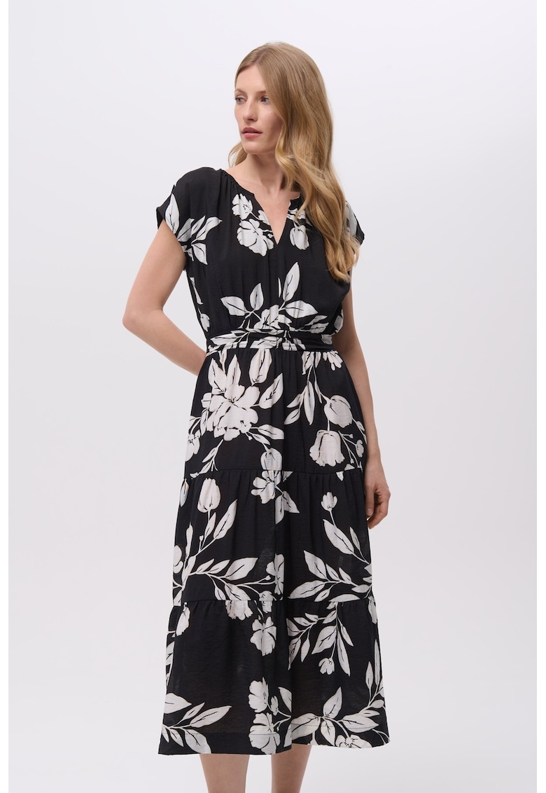 Oferte la Rochie cu decolteu in V si imprimeu floral - Alb/Negru