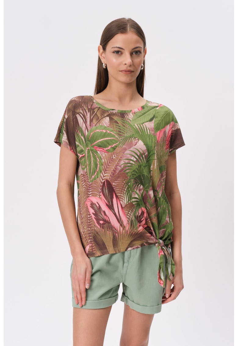 Oferte la Tricou cu model si detaliu innodat - Verde/Roz
