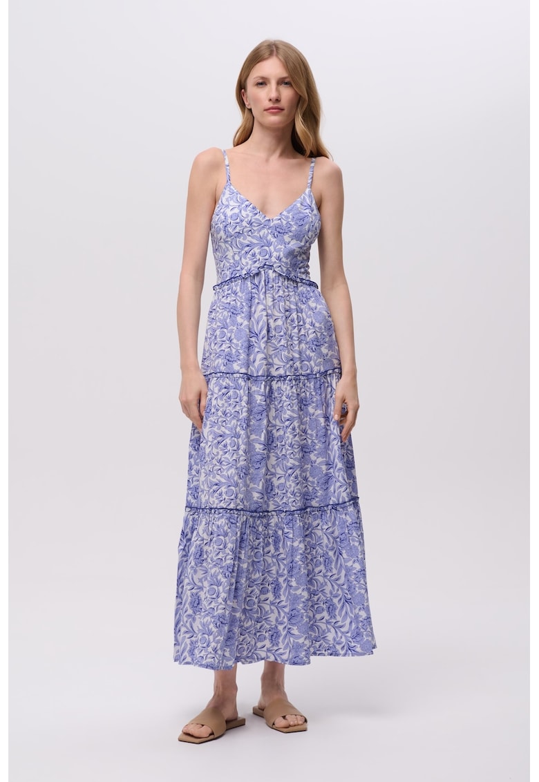 Oferte la Rochie lunga cu decolteu in V - Albastru lavanda/Alb murdar