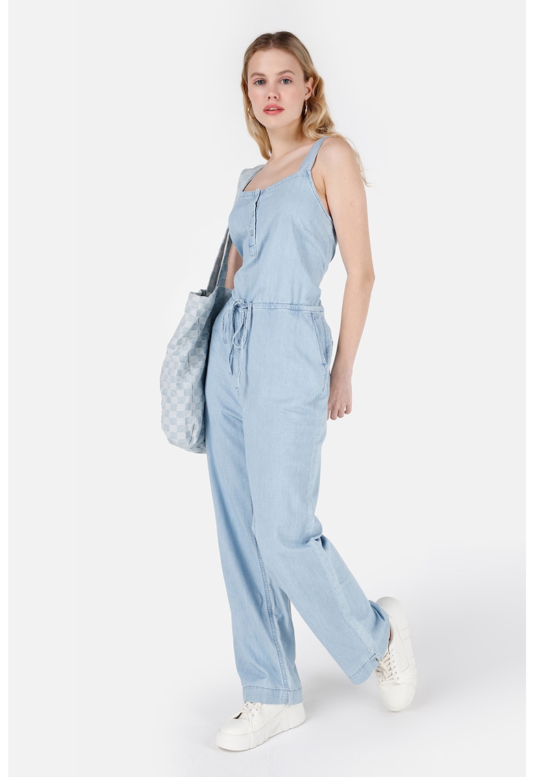 Oferte la Salopeta din denim cu model uni si buzunare - Albastru deschis