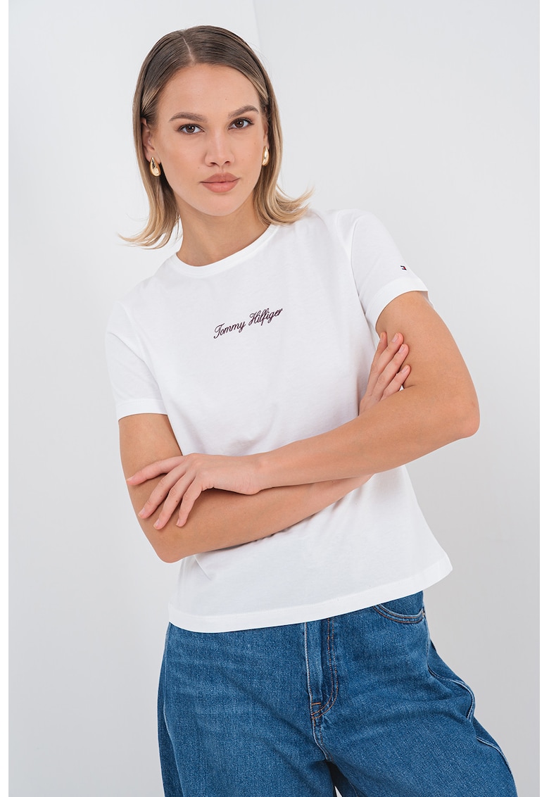 Tricou cu decolteu la baza gatului si imprimeu logo - Alb