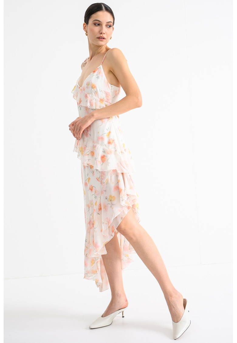Oferte la Rochie asimetrica cu model floral - Alb/Verde/Roz