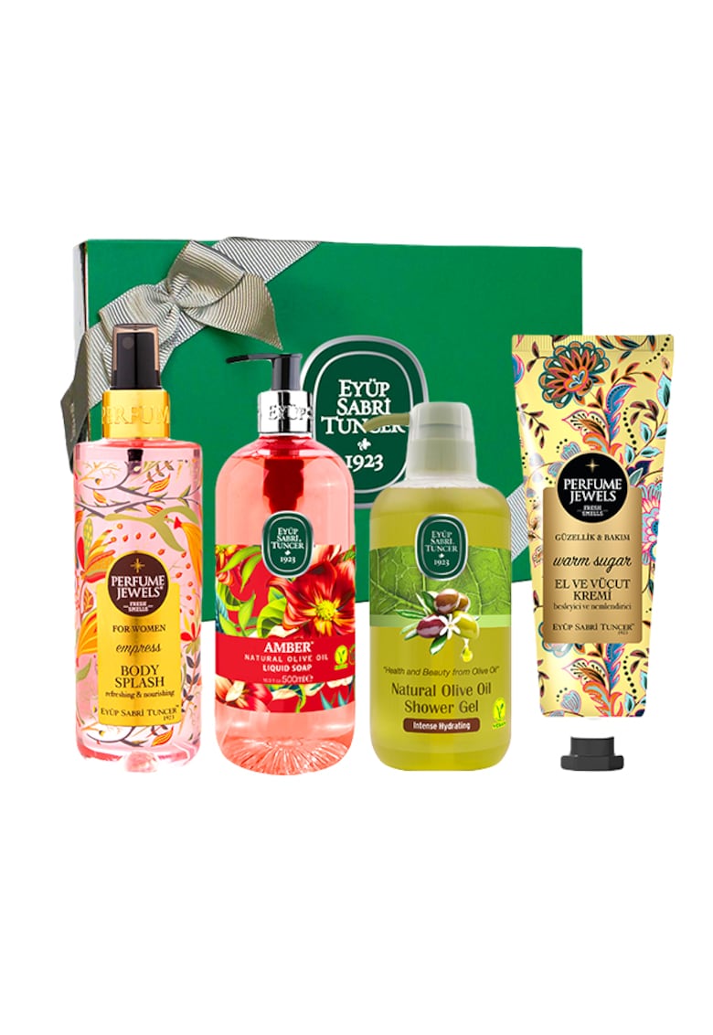 Oferte la Set Eyup Sabri Tuncer - Crema De Maini Si De Corp Warm Sugar 50 ml - Sapun Lichid Ulei De Masline Amber 500 ml - Gel De Dus Ulei De Masline 600 ml - Spray de Corp Jewels Empress 250 ml