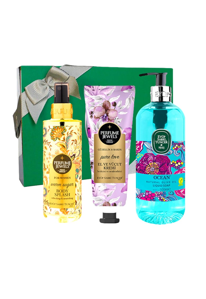 Oferte la Set Eyup Sabri Tuncer - Spray de Corp Warm Sugar 250ml - Crema De Maini Si De Corp Pure Love 50 ml - Sapun Lichid Ulei De Masline Natural Ocean 500 ml