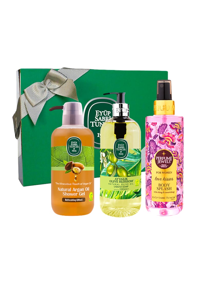 Oferte la Set Eyup Sabri Tuncer - Gel De Dus Cu Ulei De Argan Natural 600 ml - Sapun Lichid Ulei De Masline Natural Ayvalik Olive Blossom 500 ml - Spray de Corp Love Kisses 250 ml