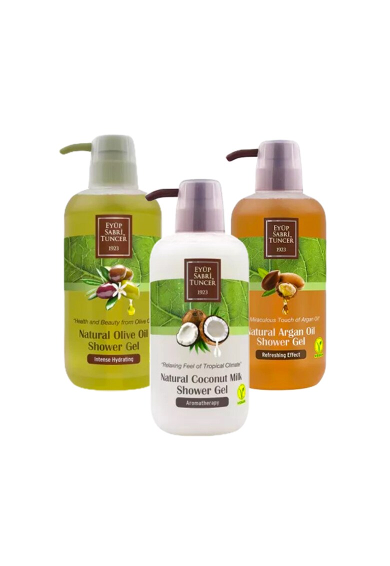 Oferte la Set Eyup Sabri Tuncer Gel de dus Cocos 600 ml - Gel de dus Olive Oil 600 ml - Gel de dus Argan 600 ml