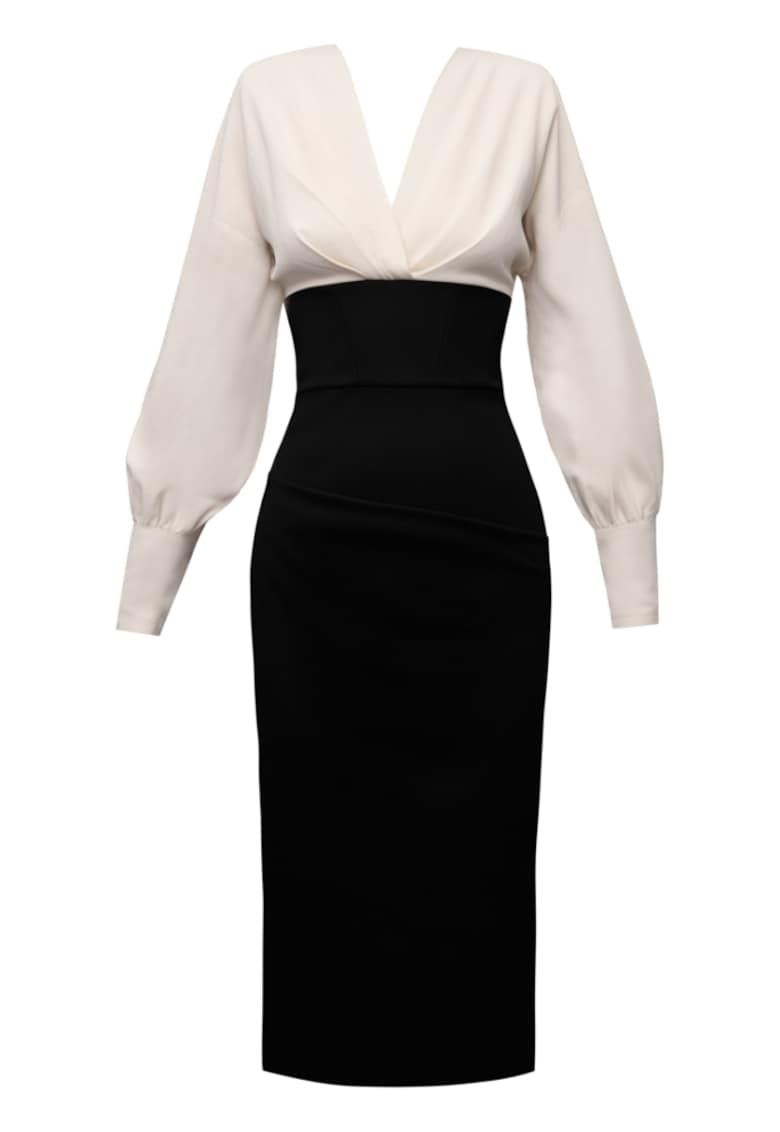 Oferte la Rochie midi cu drapaje pe bust Lunaria - Negru/Bej deschis