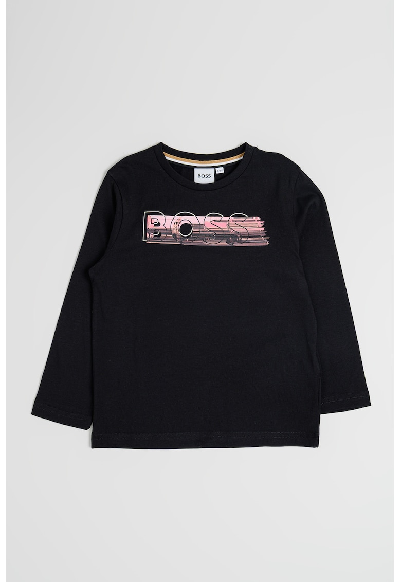 Oferte la Bluza din bumbac cu decolteu la baza gatului si logo - Negru/Roz deschis