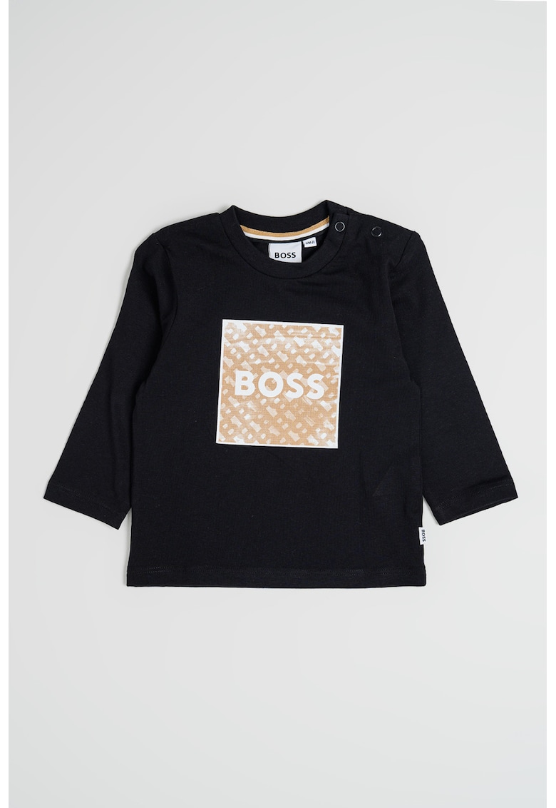 Oferte la Bluza de bumbac cu decolteu la baza gatului si logo - Negru/Maro deschis