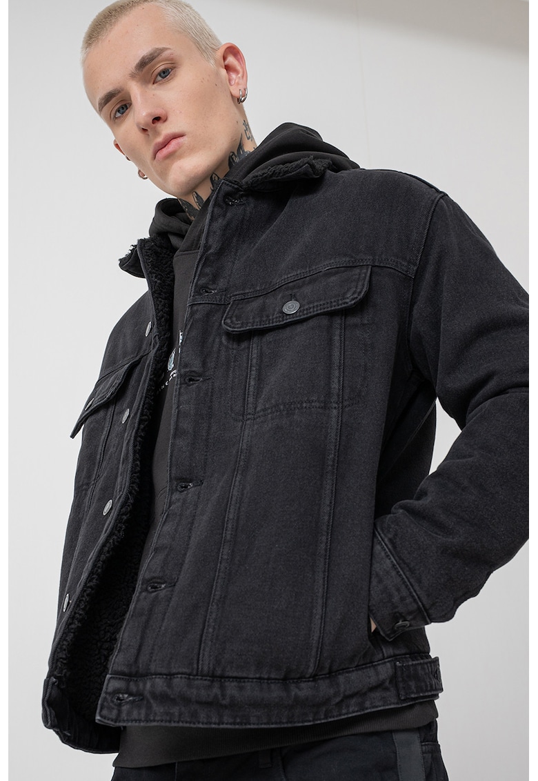 Oferte la Jacheta din denim cu buzunare laterale - Negru