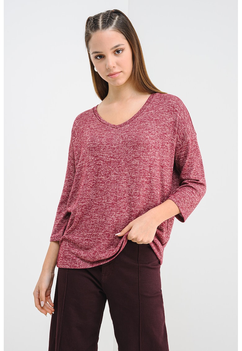 Oferte la Pulover cu decolteu in V si maneci 3/4 - Alb fildes/Roz zmeuriu