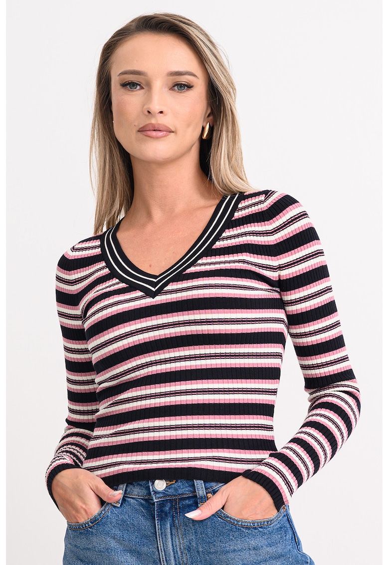 Oferte la Pulover slim fit cu decolteu in V - Negru/Roz