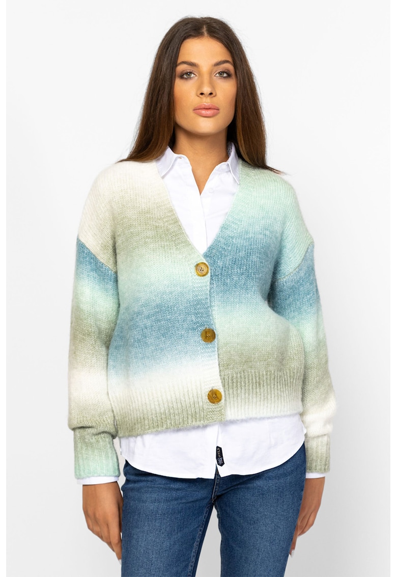 Oferte la Cardigan cu model tie-dye si decolteu in V - Alb fildes/Kaki/Albastru
