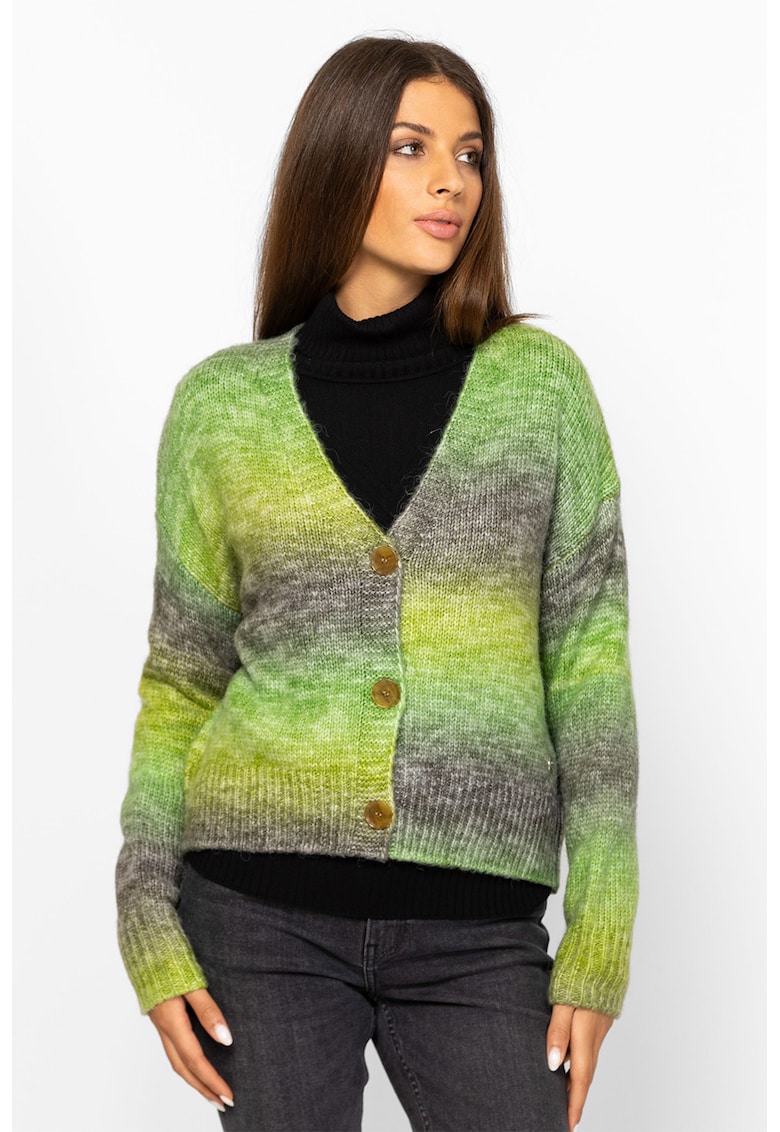 Oferte la Cardigan cu model tie-dye si decolteu in V - Verde/Gri inchis
