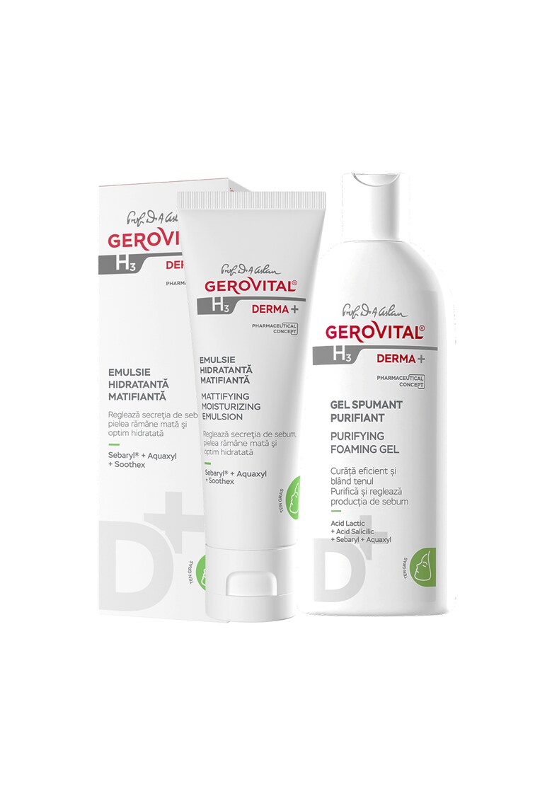 Oferte la Pachet Gerovital H3 Derma+: Gel Spumant Purifiant Derma+ 200ml + Emulsie Hidratanta Matifianta 50ml