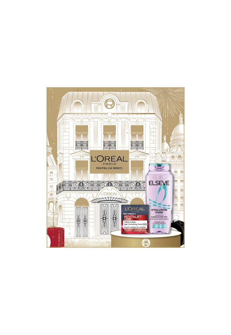 Oferte la Set cadou ingrijire ten si corp : Crema de zi antirid Revitalift Laser - 50 ml + Sampon purificator Elseve Hyaluron Pure pentru scalp si radacini grase si lungimi deshidratate - 400 ml
