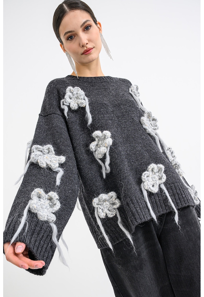 Oferte la Pulover din amestec de lana cu detalii florale - Gri deschis melange/Gri antracit