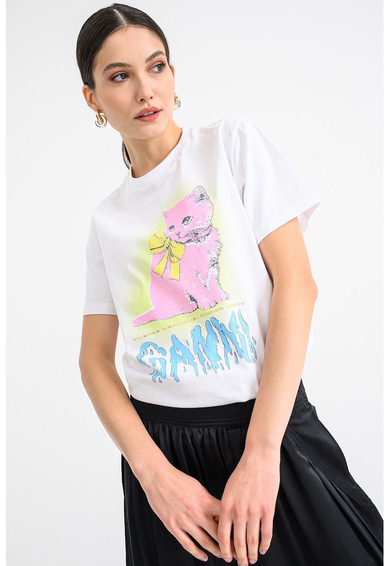 Oferte la Tricou din bumbac cu imprimeu pisica - Alb/Roz/Albastru