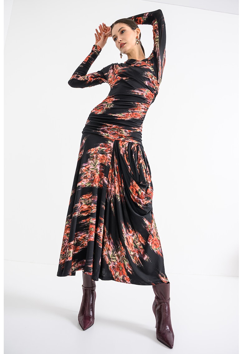 Oferte la Rochie cu fronseuri si model floral - Negru/Rosu vermillion