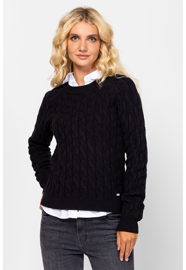 Oferte la Pulover cu decolteu la baza gatului si model torsade - Negru