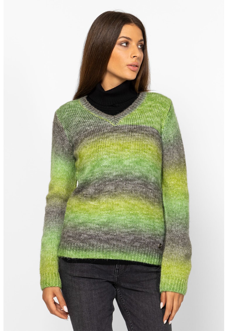 Oferte la Pulover tricotat cu model si decolteu in V - Verde/Gri inchis