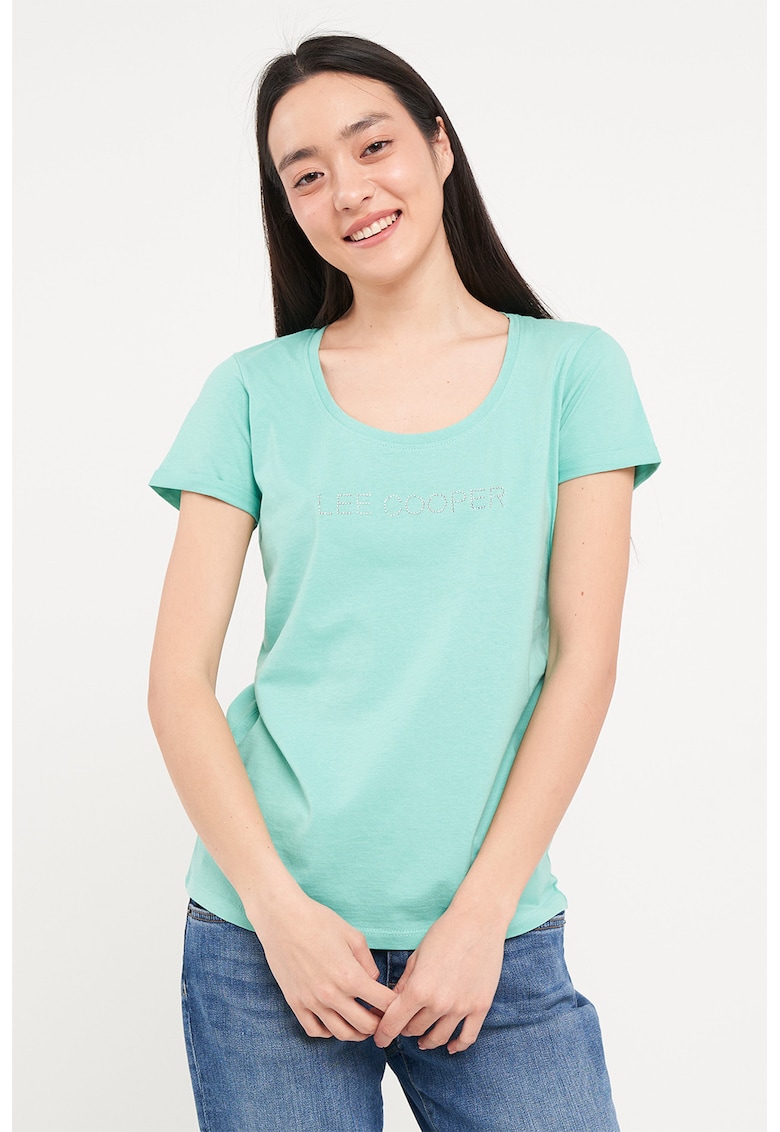 Oferte la Tricou cu logo decorat cu strasuri si decolteu rotund - Verde pal