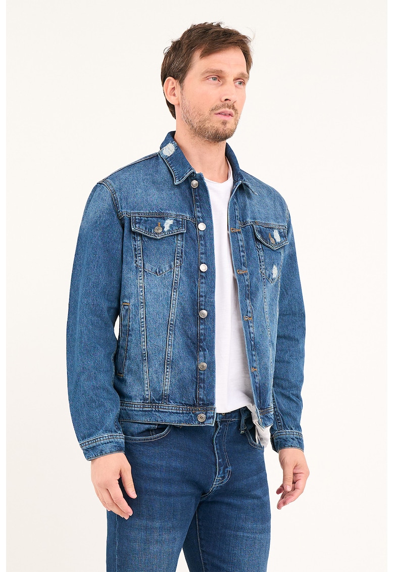 Oferte la Jacheta din denim cu buzunare cu clapa - Albastru inchis