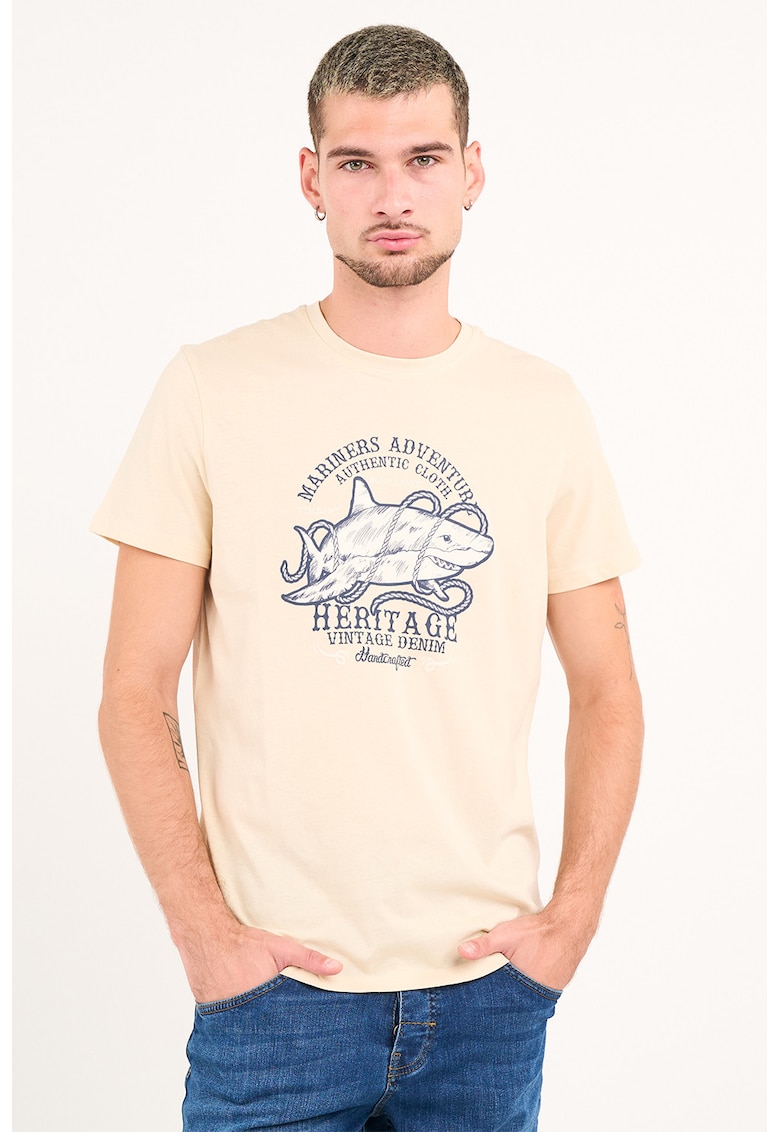Oferte la Tricou din bumbac cu design grafic si decolteu la baza gatului - Negru stins/Bej deschis