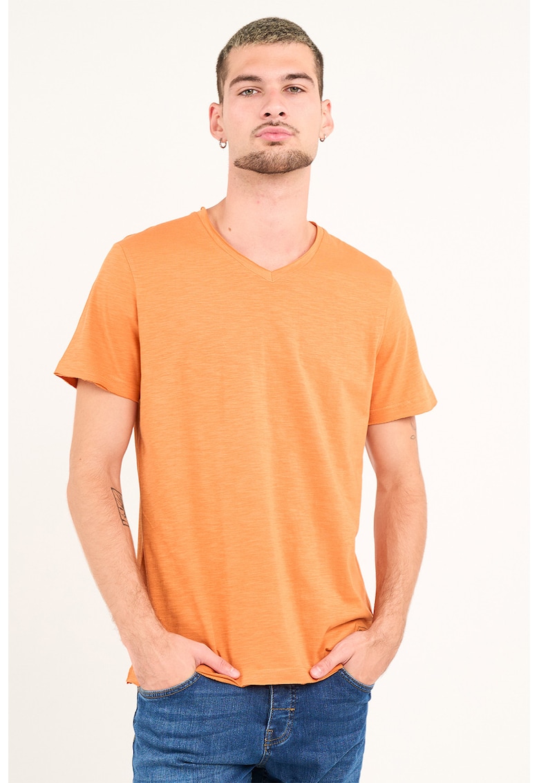 Oferte la Tricou uni cu decolteu in V - Portocaliu pal