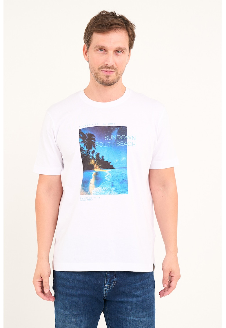 Oferte la Tricou cu decolteu la baza gatului si imprimeu - Albastru inchis/Albastru royal/Alb optic