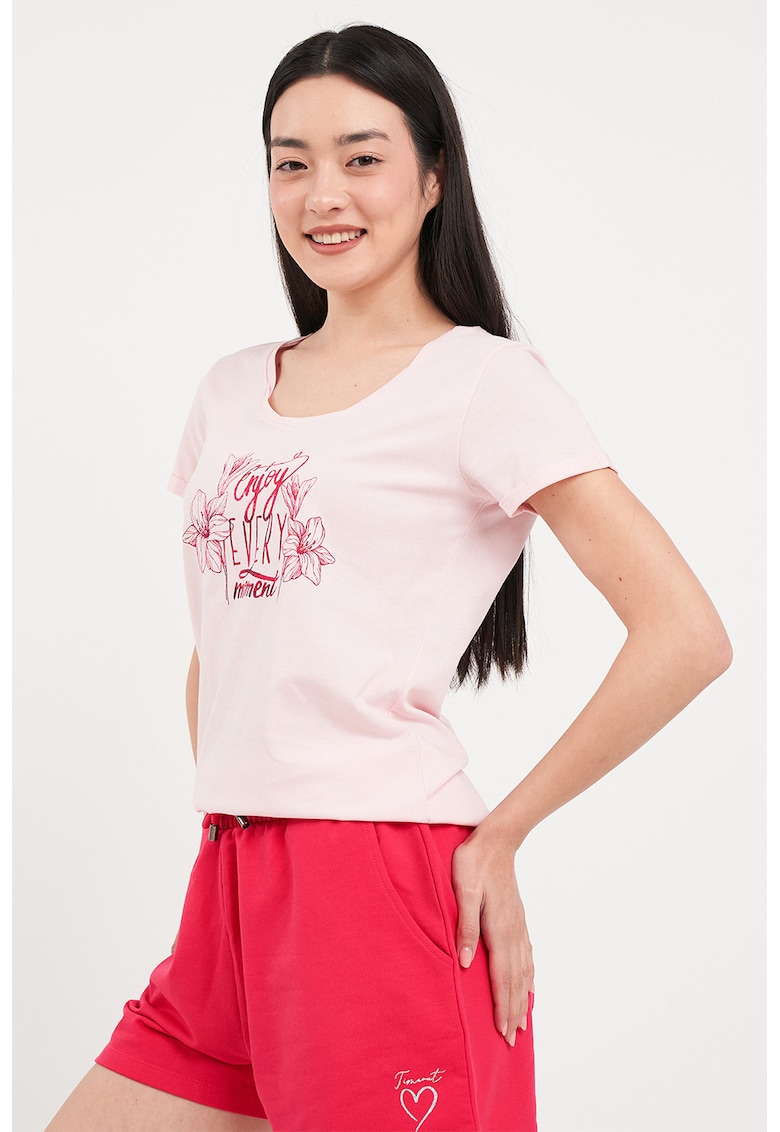 Oferte la Tricou din bumbac cu decolteu rotund - Rosu/Roz pastel