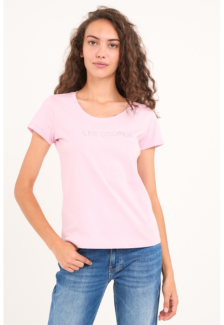 Oferte la Tricou cu logo decorat cu strasuri si decolteu rotund - Roz pastel