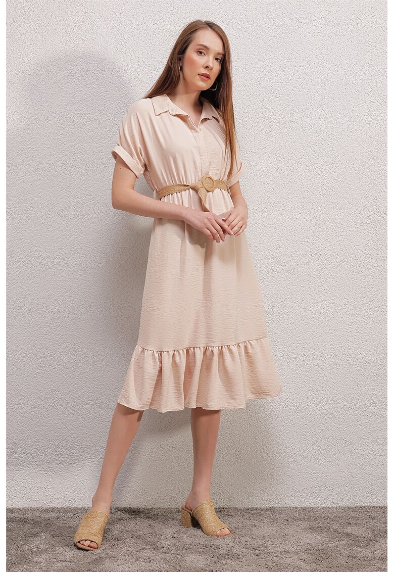Oferte la Rochie Midi  Texturata cu Curea si Guler de Camasa - Textil - Crema naturala -