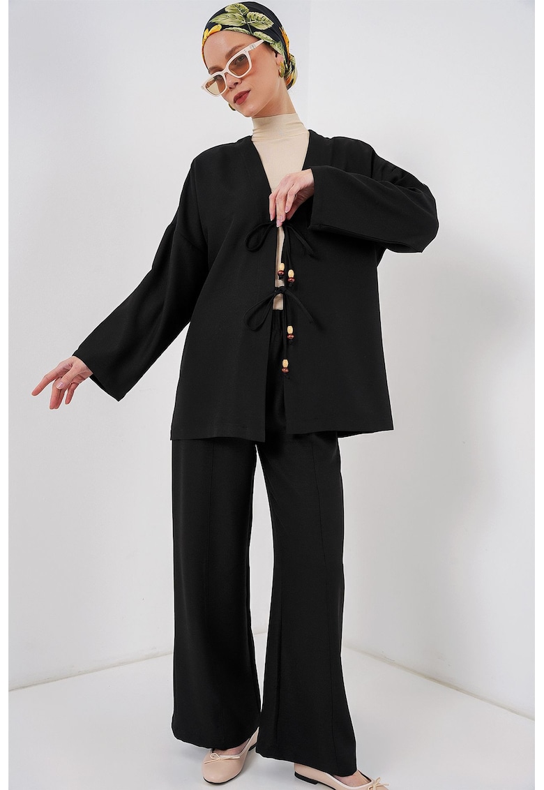 Oferte la Set dama - HiCCUP - cardigan texturat cu decolteu in V si pantaloni largi - negru - textil