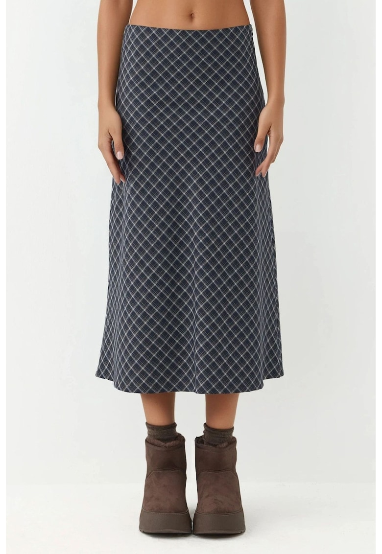 Oferte la Fusta midi  carouri - bleumarin - textil