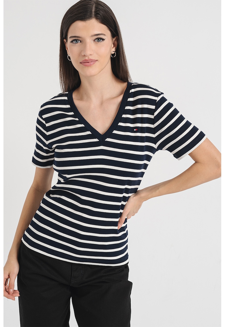Oferte la Tricou slim fit cu decolteu in V Cody - Alb/Albastru ultramarin/Alb optic