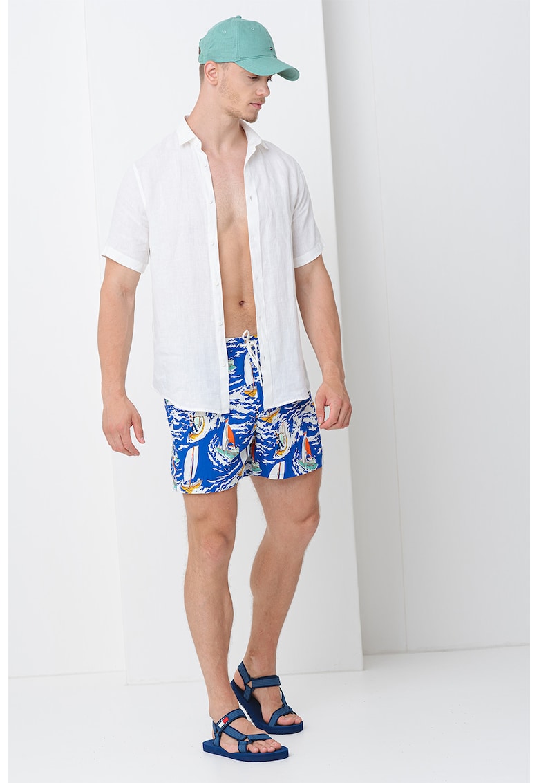 Oferte la Pantaloni scurti de baie cu model si buzunare laterale - Albastru royal/Alb murdar