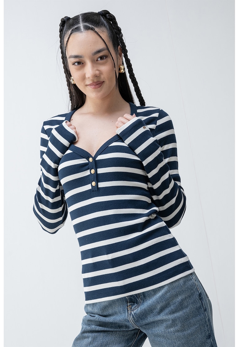 Oferte la Bluza slim fit cu decolteu in V - Alb/Bleumarin