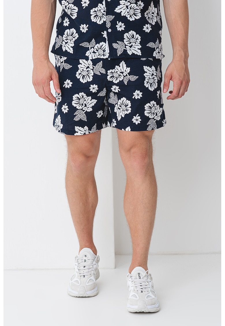 Oferte la Pantaloni scurti de bumbac cu model floral si snur - Alb murdar/Bleumarin