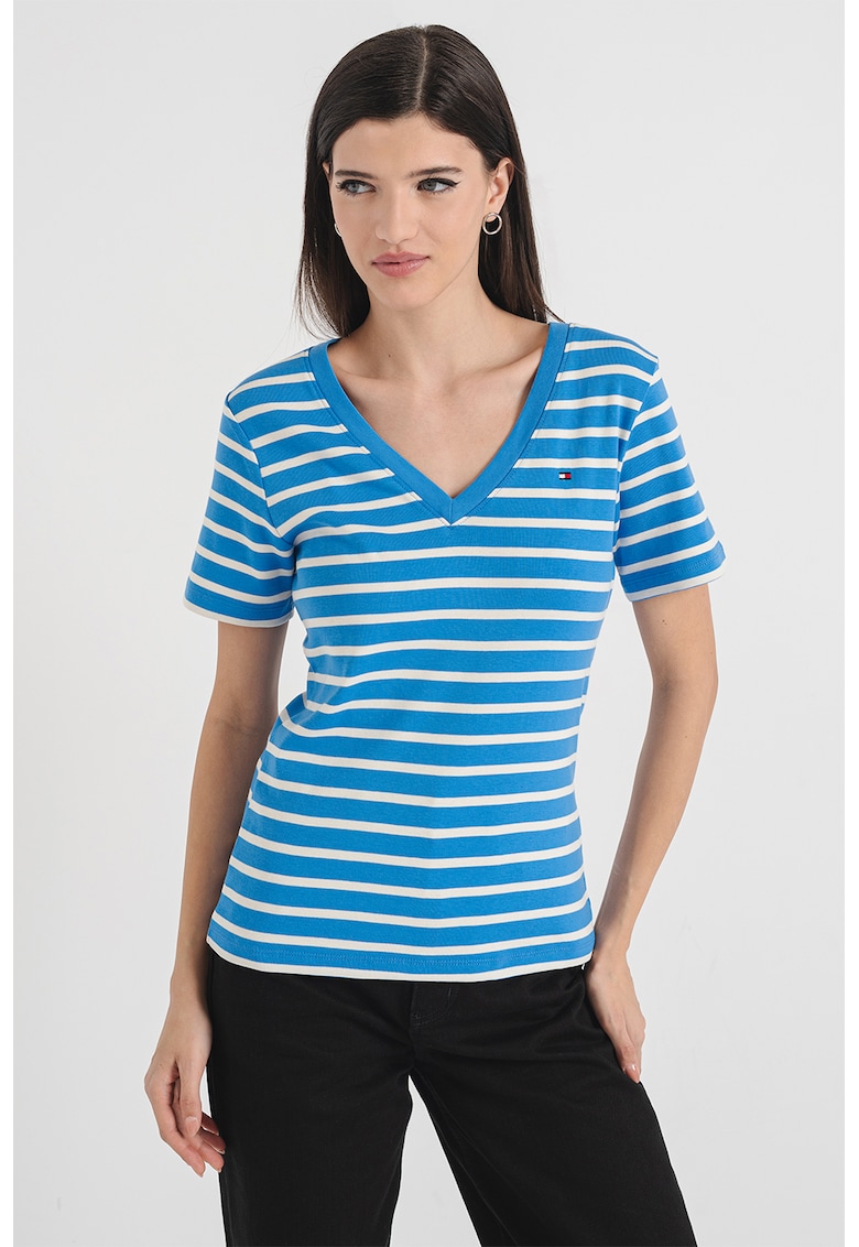 Oferte la Tricou slim fit cu decolteu in V Cody - Alb/Albastru deschis