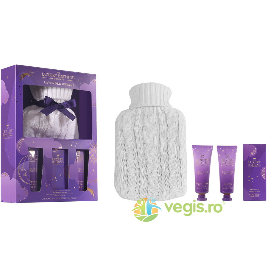 Oferte la Set Cadou Cosy Up Lavender Dreams (Crema Maini si Unghii, Crema Corp, Sare de Baie, Sticla pentru Apa Calda cu Husa Crosetata)