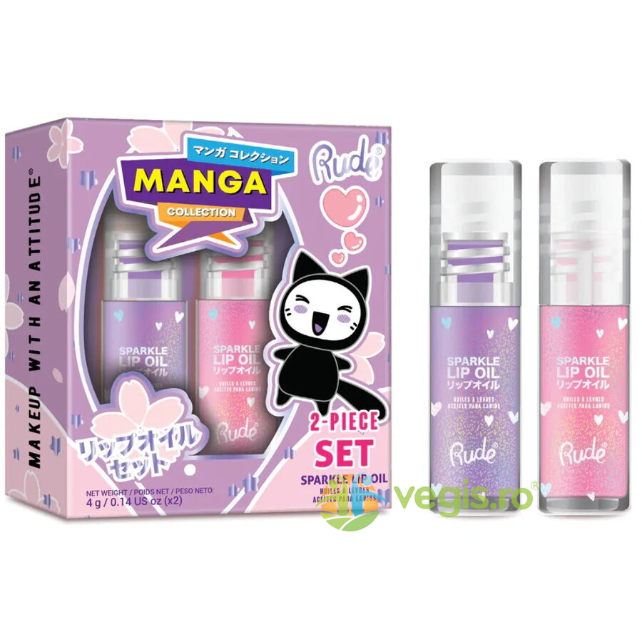 Oferte la Set 2 x Ulei de Buze cu Sclipici, pH-Reactiv care isi schimba culoarea cu Aroma de Capsuni & Struguri, Manga Collection 2 x 4ml