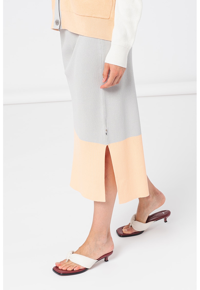 Oferte la Fusta midi cu aspect striat si slituri laterale Festa - Gri deschis/Portocaliu pal