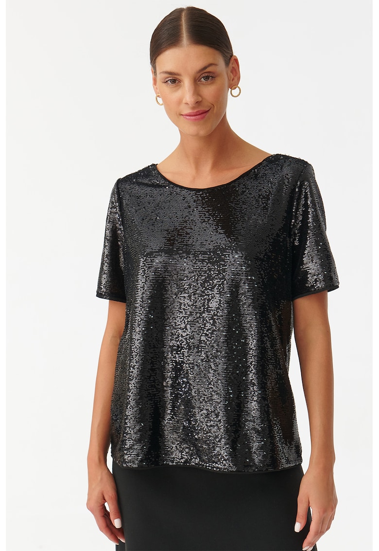 Bluza cu maneci scurte si aplicatii cu paiete - Negru