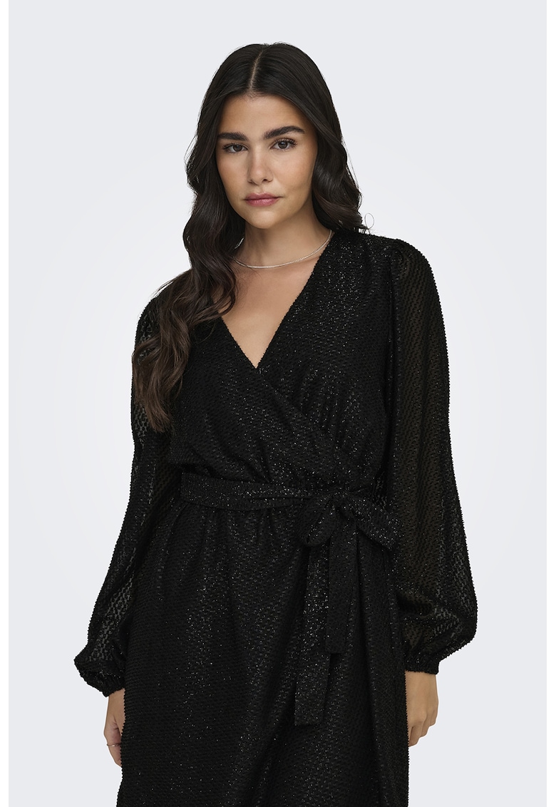 Rochie cu aspect stralucitor - decolteu in V si cordon in talie - Negru