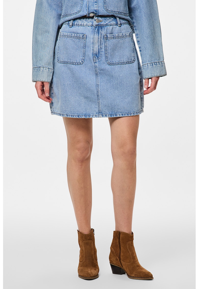 Oferte la Fusta mini de denim cu croiala in A - Albastru deschis