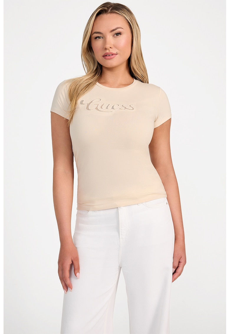 Tricou cu decolteu la baza gatului si logo pe piept - Bej inchis